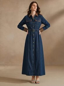 Anewsta Women's Vintage Modern Long Sleeve Design PU Patchwork Contrast Color Waist-Cinching Belt Buckle Long Denim Dress - Blue - View 4