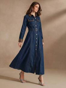Anewsta Women's Vintage Modern Long Sleeve Design PU Patchwork Contrast Color Waist-Cinching Belt Buckle Long Denim Dress - Blue - View 5