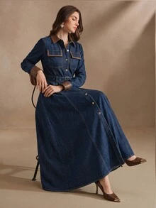 Anewsta Women's Vintage Modern Long Sleeve Design PU Patchwork Contrast Color Waist-Cinching Belt Buckle Long Denim Dress - Blue - View 7