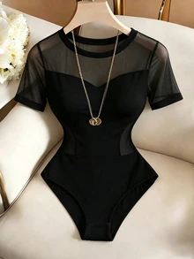 Orbivine Áo liền thân dáng ôm màu đen phối lưới khoét eo dành cho nữ cỡ lớn, cổ tròn, tay ngắn, đa năng cho mùa xuân/hè. - màu đen - Xem 8