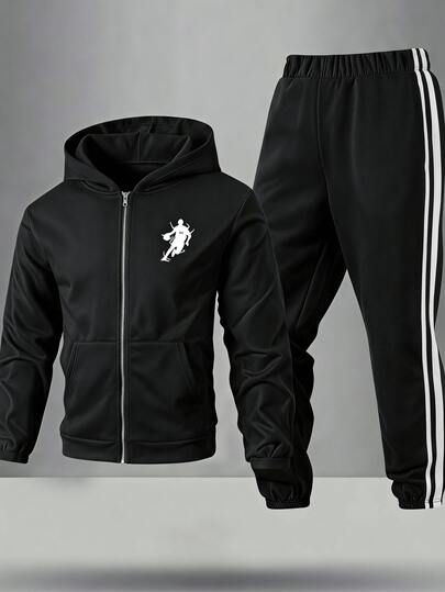 SHEIN Kids Tween Boy Casual Sports Loose Fit Outdoor Full Zip Hooded Long Sleeve Sweatshirt Jacket And Jogger Pants 2-Piece Set, Suitable For Autumn/Winter, Casual Sports Style