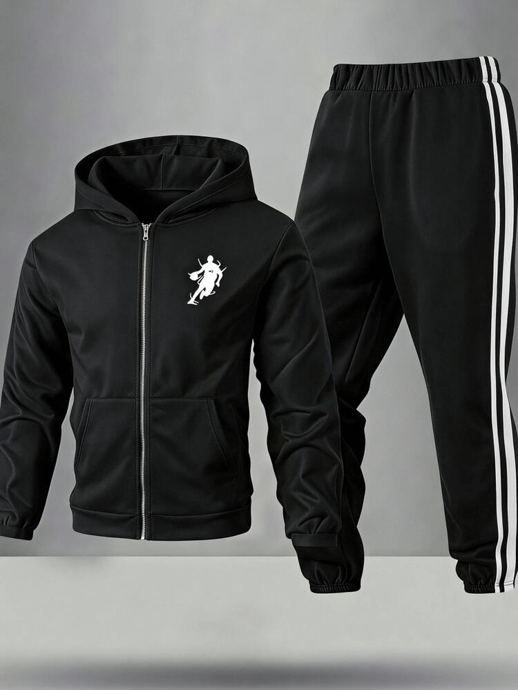 SHEIN Kids Tween Boy Casual Sports Loose Fit Outdoor Full Zip Hooded Long Sleeve Sweatshirt Jacket And Jogger Pants 2-Piece Set, Suitable For Autumn/Winter, Casual Sports Style - Black - View 1