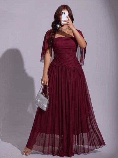 Viva Relle Casual Elegant Minimalist French Style Fitted A-Line Shawl Dress Burgundy Square Neck Bandeau Suitable For Formal Occasions Dates Gatherings Parties Cocktail Events Summer All Season Extra Long Maxi Plus Size Women's Dress
