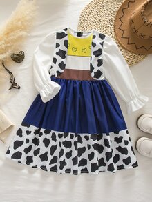 SHEIN Young Girl Woven Geometric Pattern Casual Round Neck Puff Sleeve Dress - Multicolor - View 5