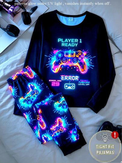 Tween Boys' Game Controller Print UV Glow-In-The-Dark Long Sleeve Pajama Set, Cool Colorful Style, Knitted Skin-Friendly Elastic Fabric, Comfortable Soft Slim Fit Long Sleeve Top And Pants 2 Pieces Loungewear