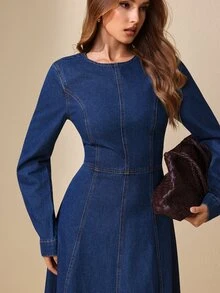 Selenza Fall Sexy Bow Long Sleeve Backless Denim Daily Wear Washed Comfortable Denim Dress For Women - Dark Wash - View 7