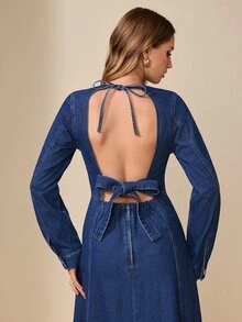 Selenza Fall Sexy Bow Long Sleeve Backless Denim Daily Wear Washed Comfortable Denim Dress For Women - Dark Wash - View 4