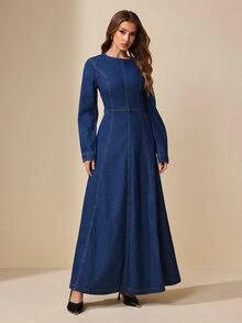 Selenza Fall Sexy Bow Long Sleeve Backless Denim Daily Wear Washed Comfortable Denim Dress For Women - Dark Wash - View 5