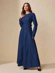 Selenza Fall Sexy Bow Long Sleeve Backless Denim Daily Wear Washed Comfortable Denim Dress For Women - Dark Wash - View 2