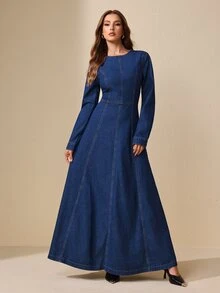 Selenza Fall Sexy Bow Long Sleeve Backless Denim Daily Wear Washed Comfortable Denim Dress For Women - Dark Wash - View 8