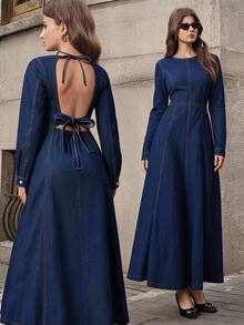 Selenza Fall Sexy Bow Long Sleeve Backless Denim Daily Wear Washed Comfortable Denim Dress For Women - Dark Wash - View 1