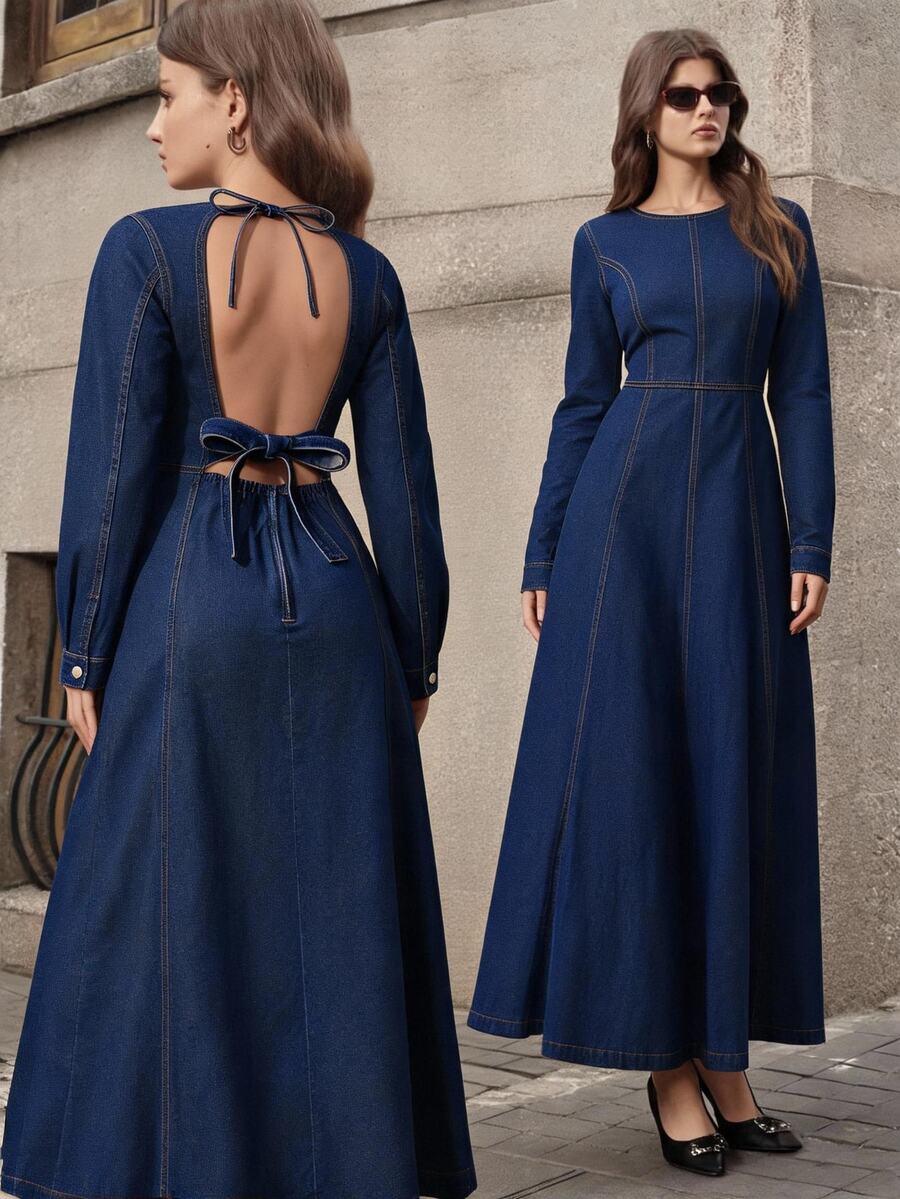 Selenza Fall Sexy Bow Long Sleeve Backless Denim Daily Wear Washed Comfortable Denim Dress For Women - Dark Wash - View 1