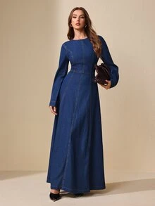 Selenza Fall Sexy Bow Long Sleeve Backless Denim Daily Wear Washed Comfortable Denim Dress For Women - Dark Wash - View 6