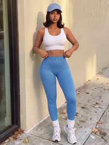 SHEIN Core Rhythm Women's Letter Waistband Daily Fitness Sports Long Pants - Blue - View 1