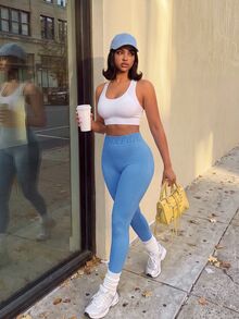 SHEIN Core Rhythm Women's Letter Waistband Daily Fitness Sports Long Pants - Blue - View 6