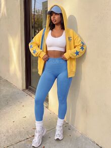 SHEIN Core Rhythm Women's Letter Waistband Daily Fitness Sports Long Pants - Blue - View 3