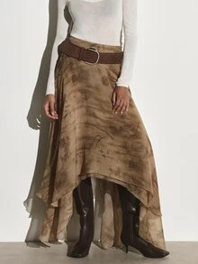 KSTM Flowy Chiffon Maxi Skirt With Asymmetric Handkerchief Hem And Watercolor Botanical Print Belted High Waist Fall Winter Style - Multicolor - View 5
