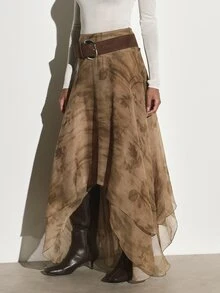 KSTM Flowy Chiffon Maxi Skirt With Asymmetric Handkerchief Hem And Watercolor Botanical Print Belted High Waist Fall Winter Style - Multicolor - View 4