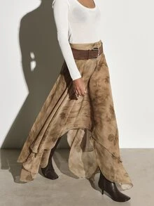 KSTM Flowy Chiffon Maxi Skirt With Asymmetric Handkerchief Hem And Watercolor Botanical Print Belted High Waist Fall Winter Style - Multicolor - View 1