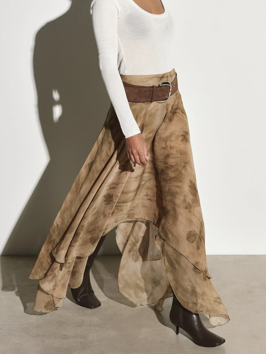 KSTM Flowy Chiffon Maxi Skirt With Asymmetric Handkerchief Hem And Watercolor Botanical Print Belted High Waist Fall Winter Style - Multicolor - View 1