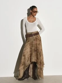 KSTM Flowy Chiffon Maxi Skirt With Asymmetric Handkerchief Hem And Watercolor Botanical Print Belted High Waist Fall Winter Style - Multicolor - View 3