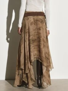 KSTM Flowy Chiffon Maxi Skirt With Asymmetric Handkerchief Hem And Watercolor Botanical Print Belted High Waist Fall Winter Style - Multicolor - View 2
