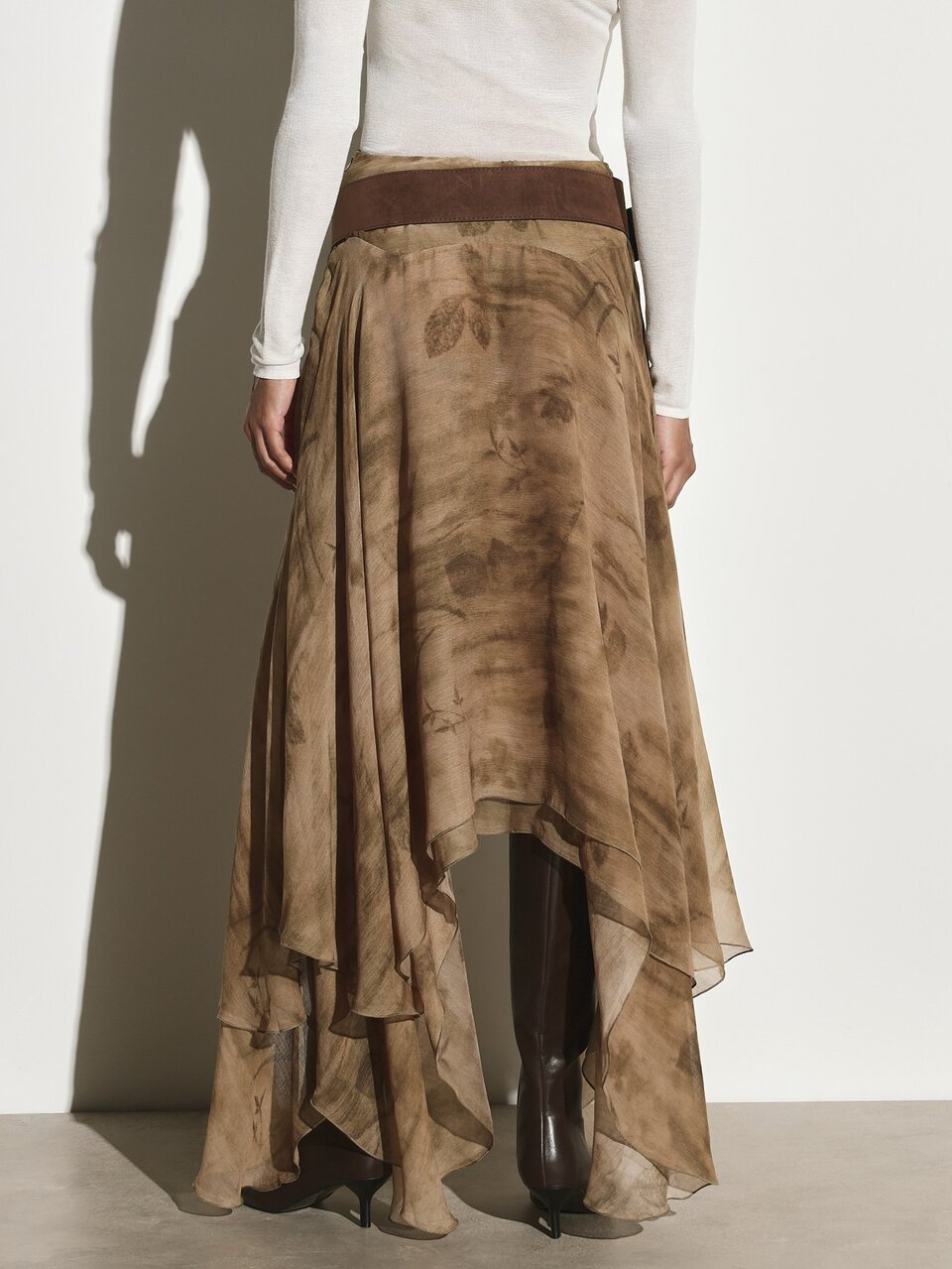 KSTM Flowy Chiffon Maxi Skirt With Asymmetric Handkerchief Hem And Watercolor Botanical Print Belted High Waist Fall Winter Style