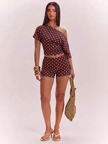 SHEIN BAE CURVE 大尺碼女款休閒性感 80s 90s 優雅 T恤與短褲兩件套，棕色印花，街頭風，日常通勤、約會度假、派對適用 - 彩色 - 查看 3