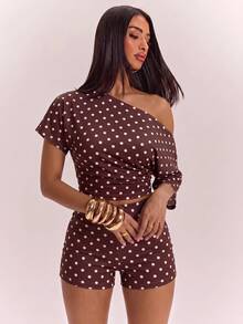 SHEIN BAE CURVE 大尺碼女款休閒性感 80s 90s 優雅 T恤與短褲兩件套，棕色印花，街頭風，日常通勤、約會度假、派對適用 - 彩色 - 查看 5