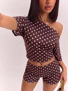 SHEIN BAE CURVE 大尺碼女款休閒性感 80s 90s 優雅 T恤與短褲兩件套，棕色印花，街頭風，日常通勤、約會度假、派對適用 - 彩色 - 查看 6