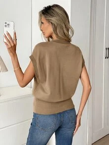 Women's Solid Color V-Neck Batwing Sleeve T-Shirt Suitable For Daily Wear Vacation Khaki Summer Casual - Khaki - View 2
