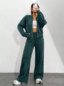 StreetHx Women's Fashion Long Sleeve Zipper Jacket And Drawstring Waist Pants 2 Pieces Set - Dark Green - View 5