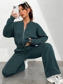 StreetHx Women's Fashion Long Sleeve Zipper Jacket And Drawstring Waist Pants 2 Pieces Set - Dark Green - View 4
