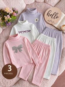 Cozy Pixies Baby Girls Baby Girl Printed Ribbed High Neck Pullover Knit Inner Layer T-Autumn Shirt 3pcs Set Casual Daily Versatile Soft Comfortable - Multicolor - View 1