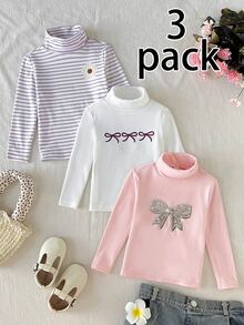 Cozy Pixies Baby Girls Baby Girl Printed Ribbed High Neck Pullover Knit Inner Layer T-Autumn Shirt 3pcs Set Casual Daily Versatile Soft Comfortable - Multicolor - View 5