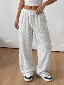 Tween Girl Drawstring Waist Leopard Print Casual Everyday Versatile Comfortable Long Pants - Grey - View 6