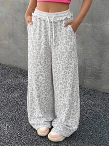 Tween Girl Drawstring Waist Leopard Print Casual Everyday Versatile Comfortable Long Pants - Grey - View 4