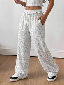 Tween Girl Drawstring Waist Leopard Print Casual Everyday Versatile Comfortable Long Pants - Grey - View 5