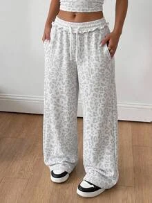 Tween Girl Drawstring Waist Leopard Print Casual Everyday Versatile Comfortable Long Pants - Grey - View 3