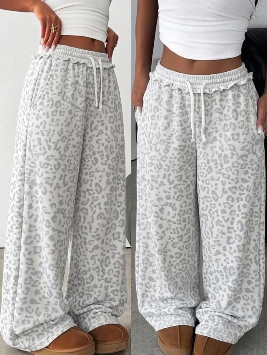 Tween Girl Drawstring Waist Leopard Print Casual Everyday Versatile Comfortable Long Pants - Grey - View 1
