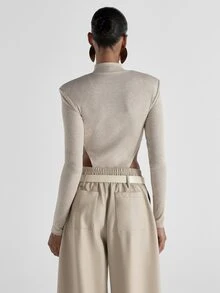 KSTM Ribbed Knit Mock Neck Long Sleeve Bodysuit With Dramatic Side Cut-Out And Structured Shoulder Detail - Apricot - View 2