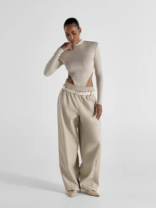 KSTM Ribbed Knit Mock Neck Long Sleeve Bodysuit With Dramatic Side Cut-Out And Structured Shoulder Detail - Apricot - View 3