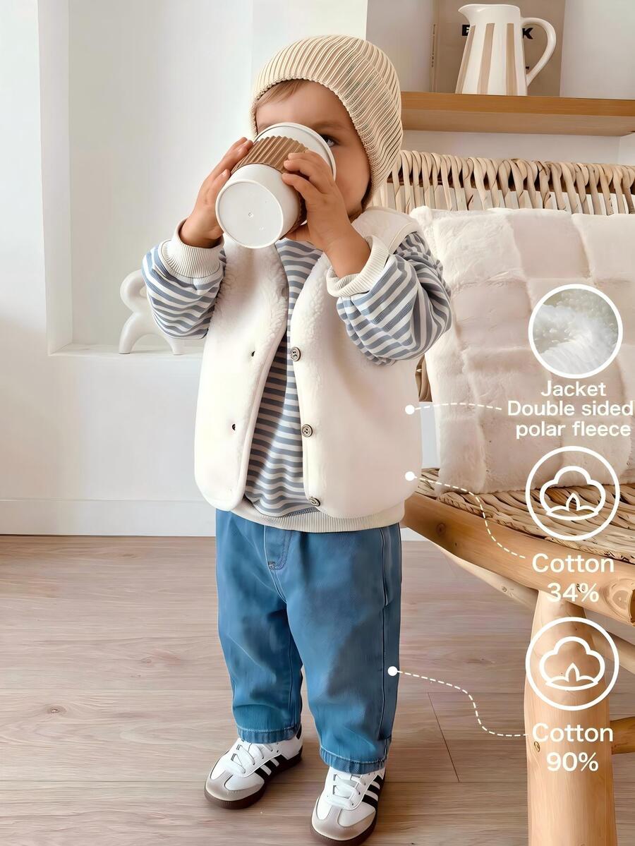 Baby Boy Casual Minimalist Loose Comfortable Knitted Soft Fleece Vest Sweatshirt Set, Suitable For Autumn/Winter - Blue and White - View 1
