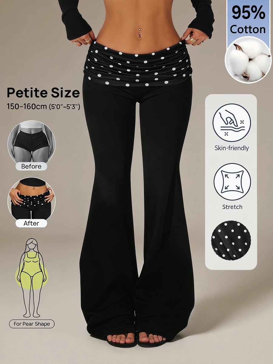 SHEIN PETITE Celana Panjang Model Flare dengan Motif Polka Dot dan Patchwork, Pinggang Rendah