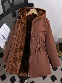 SHEIN 女款時尚中長版連帽收腰保暖內裡加厚外套，長袖抓絨，冬季穿著，寬鬆舒適，適合日常通勤 - 咖啡棕 - 查看 8