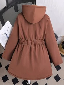SHEIN 女款時尚中長版連帽收腰保暖內裡加厚外套，長袖抓絨，冬季穿著，寬鬆舒適，適合日常通勤 - 咖啡棕 - 查看 2
