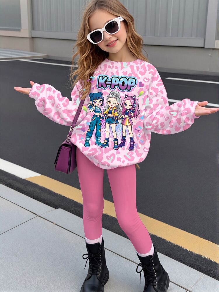 Kids Young Girl Casual Crew Neck Long Sleeve Sweatshirt & Leggings 2 Pieces Set, Thermal Lined, Suitable For Autumn/Winter - Multicolor - View 2
