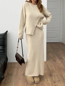 SHEIN Women Asymmetrical Cut High Neck Sweater And Maxi Knit Sweater Kirt 2pcs Set Co-Ords - Beige - View 6