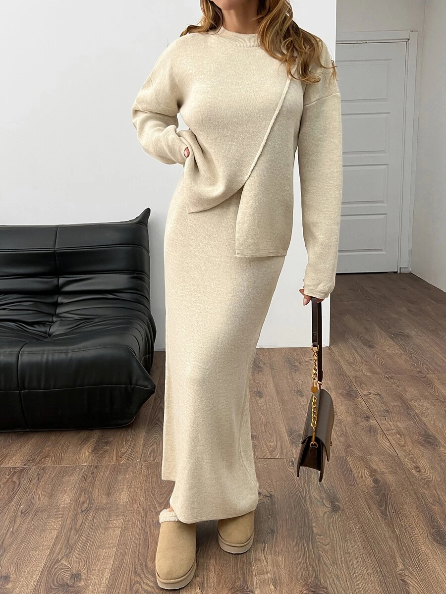 SHEIN Women Asymmetrical Cut High Neck Sweater And Maxi Knit Sweater Kirt 2pcs Set Co-Ords - Beige - View 1