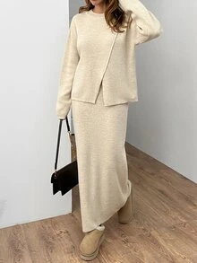 SHEIN Women Asymmetrical Cut High Neck Sweater And Maxi Knit Sweater Kirt 2pcs Set Co-Ords - Beige - View 5